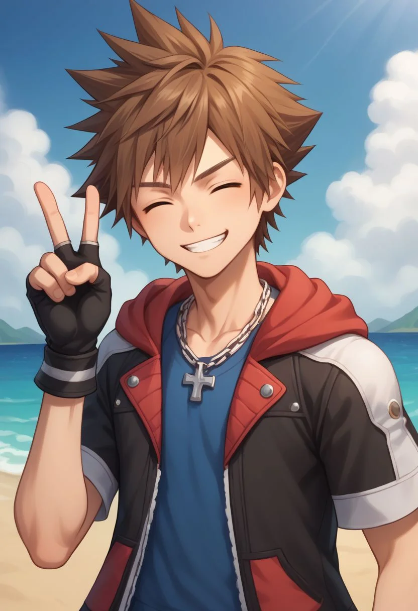 score_9, score_8_up, source_anime, highly detailed, 1boy, solo, male_focus slender, skinny,
sora, fingerless gloves, 1boy, male focus, spiked hair, blue eyes, solo, gloves, necklace, brown hair, hood, upper body, short sleeves, closed eyes, smirk, happy, v sign,
outdoor,