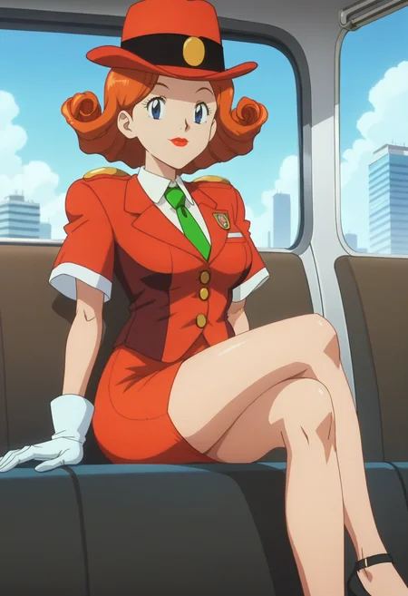 score_9, score_8_up, score_7_up, score_6_up, anime screencap, anime coloring, <lora:PMTG-000009:0.8>, PMTG, blue eyes, lipstick, short hair, orange hair, breasts, 
top hat, red headwear, uniform, red jacket, short sleeves, shirt, white gloves, green necktie, red skirt, pencil skirt, high heels, 
sitting, crossed legs, looking at viewer, from side, 
BREAK day, sunlight, blue sky, cityscape, bus interior,