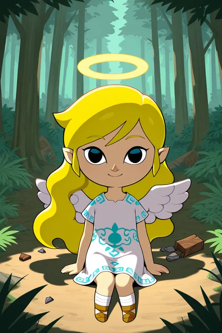 masterpiece, best quality, BREAK, 1girl, solo, blonde hair, wavy hair, angel, angel wings, halo, smile, sitting, forest, white dress,smile, looking at viewer, <lora:WindWaker_Style_IXL:1.0>,