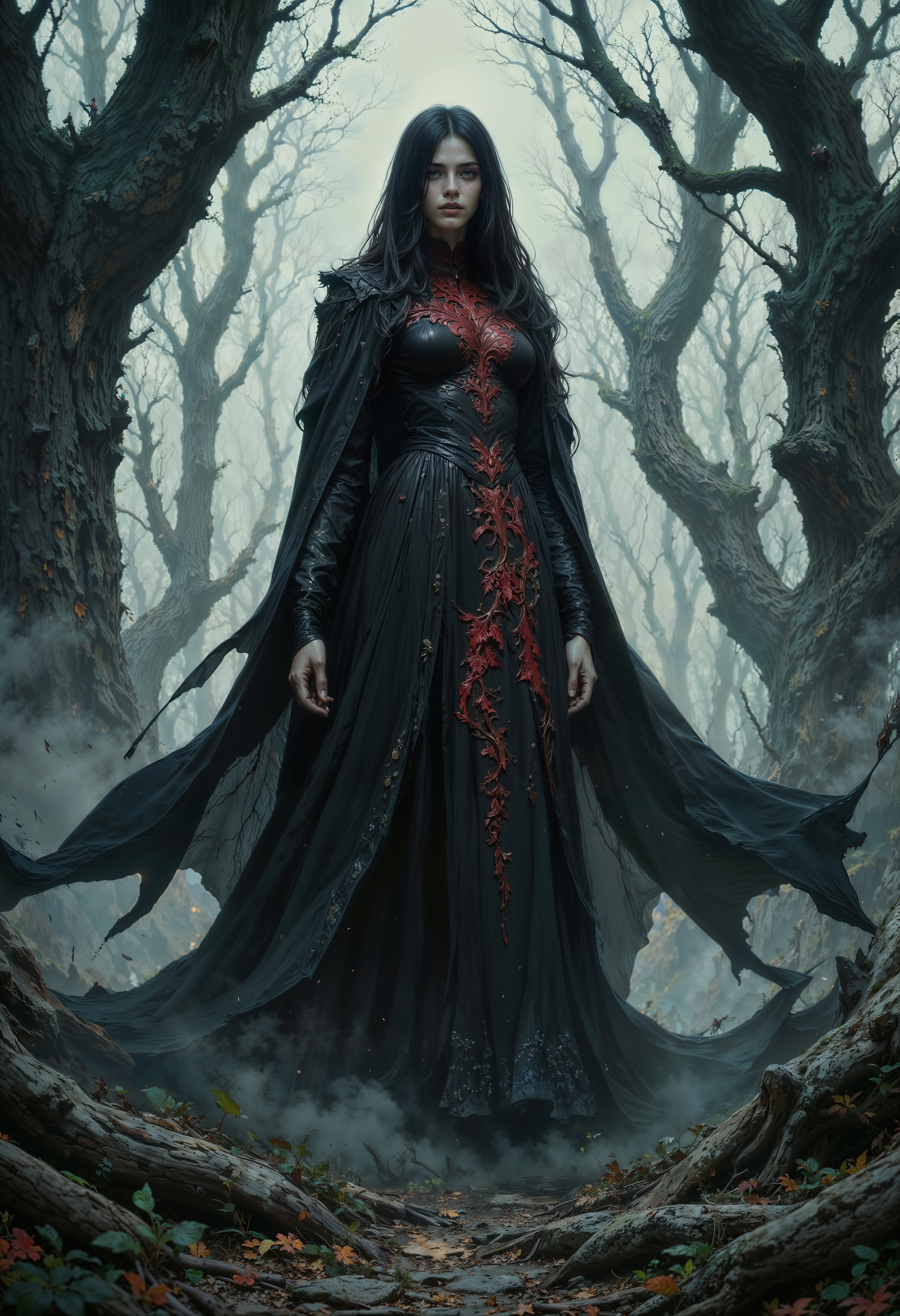 A mysterious witch with long, dark, silky black hair cascading down her back, and piercing glowing red eyes that seem to emanate an otherworldly intensity, stands solo in a mist-shrouded, ancient forest, enveloped by an unsettling silence, surrounded by twisted, gnarled, and bare dead trees that stretch towards the sky like skeletal fingers. Her slender figure, clad in a flowing, dark, velvet cloak with intricate, crimson embroidery, blends seamlessly with the eerie atmosphere, exuding an aura of mystique and power. The misty veil that wraps around her ankles adds to the enigmatic ambiance, casting long, ominous shadows across the forest floor, as if the very spirits of the forest are swirling around her. The overall serene style is tempered by an undercurrent of foreboding, as if the witch is the keeper of ancient secrets, waiting to be unearthed in the heart of this hauntingly beautiful forest.