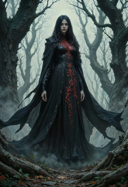 A mysterious witch with long, dark, silky black hair cascading down her back, and piercing glowing red eyes that seem to emanate an otherworldly intensity, stands solo in a mist-shrouded, ancient forest, enveloped by an unsettling silence, surrounded by twisted, gnarled, and bare dead trees that stretch towards the sky like skeletal fingers. Her slender figure, clad in a flowing, dark, velvet cloak with intricate, crimson embroidery, blends seamlessly with the eerie atmosphere, exuding an aura of mystique and power. The misty veil that wraps around her ankles adds to the enigmatic ambiance, casting long, ominous shadows across the forest floor, as if the very spirits of the forest are swirling around her. The overall serene style is tempered by an undercurrent of foreboding, as if the witch is the keeper of ancient secrets, waiting to be unearthed in the heart of this hauntingly beautiful forest.