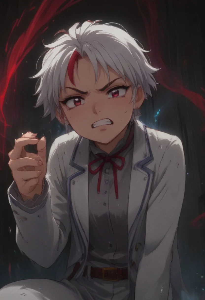 score_9, score_8_up, score_7_up, score_6_up, score_5_up, score_4_up, godrays, ,towa,1girl, red eyes, short hair, white jacket, grey shirt, long sleeves, white pants, belt, multi-colored hair, streaked hair, full body, off balance, hurt badly, teeth gritted, on one knee, aura of power surrounding, full body shot, hand open presenting fingernail claws, clear, no blur, ((high_quality)), ((Super_Detailed)),