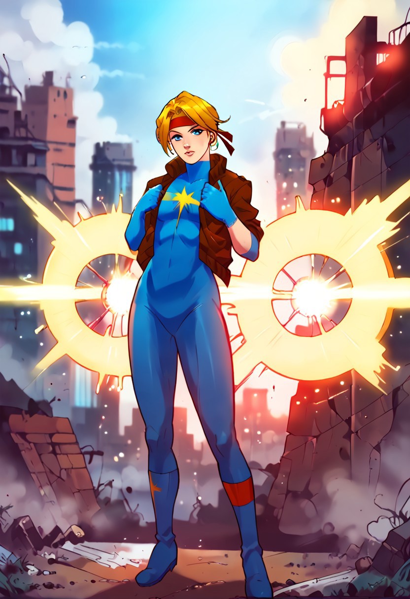 facing forward, full body, looking at viewer, blonde hair, medium hair, blue eyes, red headband, star emblem, one long sleeve, blue gloves, uneven gloves, blue bodysuit, brown jacket, short jacket, 1girl, score_9, score_8_up, score_7_up, western cartoon, neon lighting, very detailed, depth of field, cinematic illumination, volumetric lighting, full color picture, vibrant colors, solo, alone, skinny, small bust, action pose, standing, ruined city, city square,