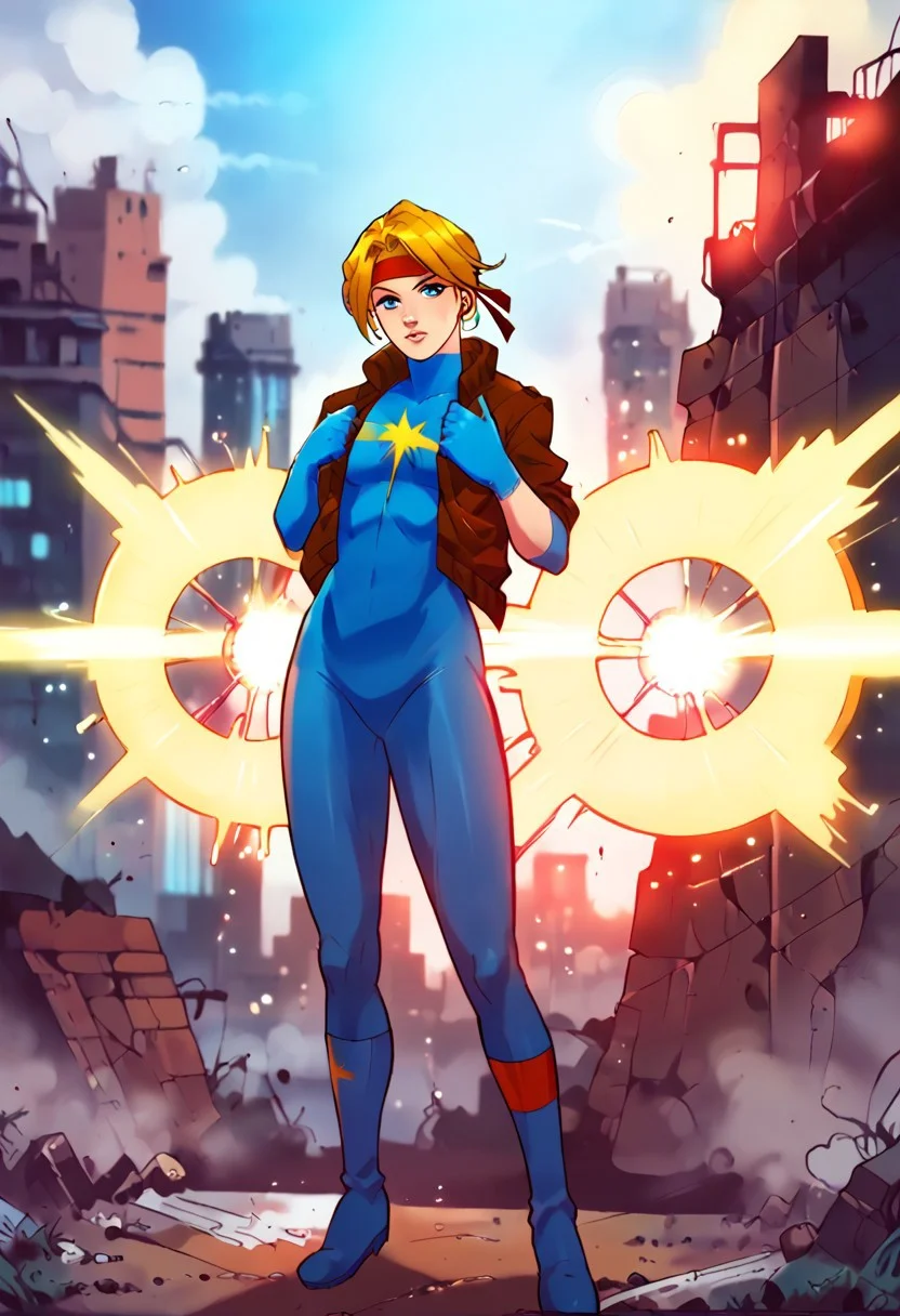 facing forward, full body, looking at viewer, blonde hair, medium hair, blue eyes, red headband, star emblem, one long sleeve, blue gloves, uneven gloves, blue bodysuit, brown jacket, short jacket, 1girl, score_9, score_8_up, score_7_up, western cartoon, neon lighting, very detailed, depth of field, cinematic illumination, volumetric lighting, full color picture, vibrant colors, solo, alone, skinny, small bust, action pose, standing, ruined city, city square,