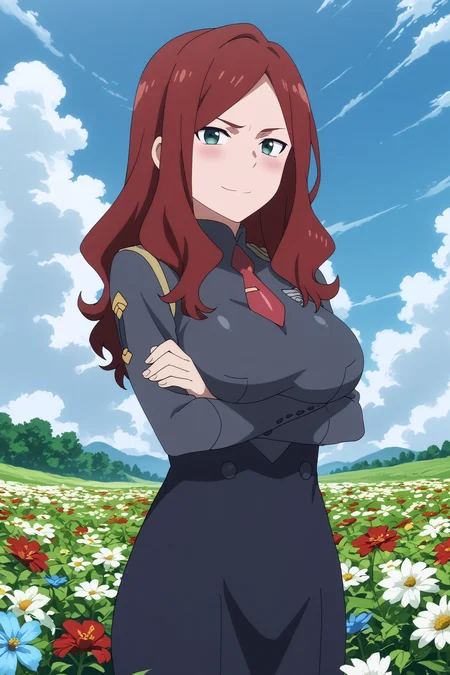 nana,1girl,solo,long hair,uniform,military_uniform,brown hair,necktie,breasts,large breasts,mature,smile,crossed arms,smirk BREAK outdoors,blue sky,cloudy_sky,red flower,flower field,tree <lora:Nana_-_Darling_in_the_franxx.safetensors:0.8> <lora:detailed_backgrounds_v2.safetensors:0.5>