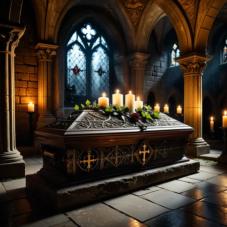 horror-themed A dramatic and atmospheric photograph of the interior of an ancient crypt, dimly lit by flickering candlelight. The crypt features old, cracked stone walls covered in moss and ivy, with intricate carvings and Gothic details etched into the stone. At the center of the crypt lies an ornate vampire coffin, made of dark, polished wood with silver and gold inlays, adorned with ancient symbols and intricate Gothic patterns. The coffin is slightly ajar, revealing a glimpse of red velvet lining. Surrounding the coffin are scattered bones, dusty cobwebs, and antique candelabras with melting candles, casting eerie shadows across the crypt. The mood is dark, mysterious, and hauntingly beautiful, with subtle rays of pale moonlight filtering through a small, broken stained-glass window.
<lora:SDXLFaeTastic2400:0.4> <lora:extremely_detailed:0.4> extremely detailed,, eerie, unsettling, dark, spooky, suspenseful, grim, highly detailed, Masterpiece,best quality,hi res,8k,hi res,8k,award winning,(sharp focus, intricate, highly detailed),
