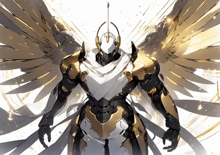 a robot with wings and a white shirt on standing in front of a white background with gold and black accents, <lora:[XL]knighthood:1>