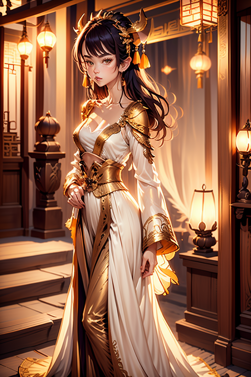 <lora:RPGTiefling:0.7>  tiefling:1.2, solo, 1girl Adut Akech 4d0t4k3ch, horns, black skin, (small breasts:1.3),  pointy ears,  side small afro braids with golden decors  with jadeit green  eyes  and Sparse eyebrows ,empress wearing  <lora:Ancient_Empress:1> ancient empress dress with golden neckle, detailed intricate armor holding Meteor sword cowboy shot, In a tranquil island where sirens sing melodies that can calm the fiercest storms, in background, (realistic:1.2),  masterpeice, ultradetailed, intricate details, perfect quality, ultrashapr, ultradetailed, photorealistic, perfect shadows, profesional lights, realistic, blurry, boekh, masterpiece light works,depth of fiel, ultradetailed character, pefect quality, maximum quality, intricate details, detailed face  By jeremy mann, by sandra chevrier, by maciej kuciara, sharp, (perfect, body:1.1), realistic, real shadow, 3d, (golden and jaspis palace, with marable columns and stairs background:1.2), (by Michelangelo), (profesional lights:1.3) (profesional photography:1.3), full body shoot, concept art of medieval rpg character,Standing at the entrance of an ancient temple, she exudes a sense of mystique and reverence