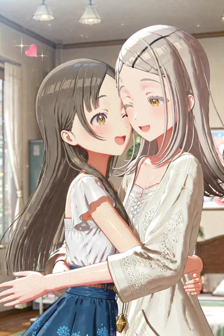 shiny skin, posing,
<lora:gaku3d.il:1>,
gaku3d,
2girls, 
kurachina, hiro, 
heart, glitter, sparkle, bloom, 
yuri, hugging, face docking, happy, one eye closed,