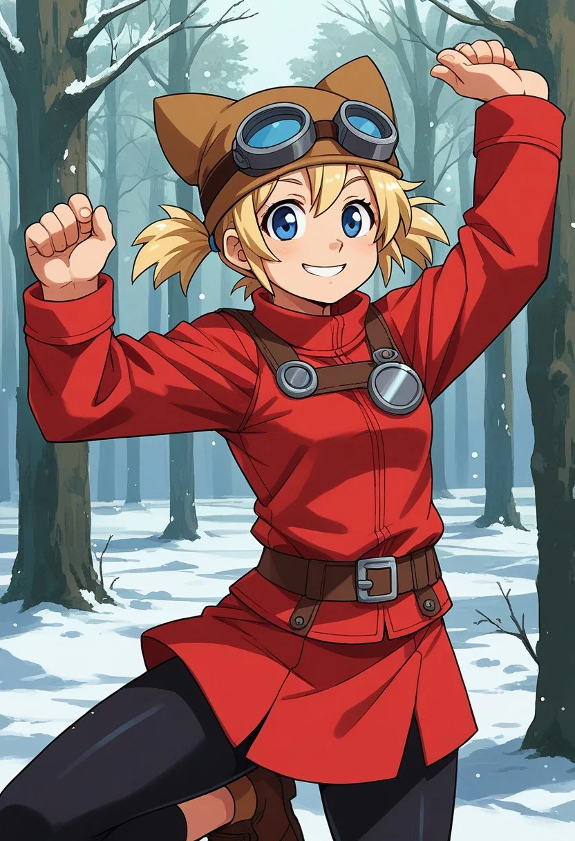 score_9, score_7_up, source_anime, BREAK solo, Pratty, blue eyes, short hair, light blonde, short twintails, hair through headwear, goggles, brown headwear, red shirt, short over long sleeves, black long sleeves, red skirt, black pantyhose, leather breastplate, brown footwear, smile, cold forest, taiga, snow, stretching,