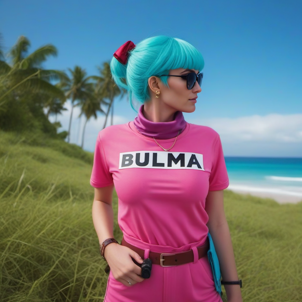 cinematic photo a woman with blue hair in a pink outfit, text ''BULMA'', text ''99'', beach jungle <lora:Bulma1024:0.8> . 35mm photograph, film, bokeh, professional, 4k, highly detailed