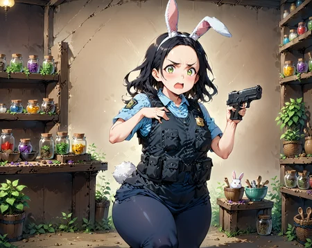score_9, score_8_up, score_7_up, score_6_up, source_anime, ah1, 1girl, (curly hair), long hair, (black hair), mature female, (parted hair:1.7), (round face), (no_bangs), (no_fringe:1.6), looking at viewer, (thick eyebrows:1.3), (curvy), round-chin, (greenish hazel eyes), caucasian, (downturned eyes), (forehead:1.4), <lora:ETO_OCPonyXL:0.5> eto_oc, skindentation, plump, thick thighs, wide hips, busty, voluptuous, kinky curls, lips, bad-hands-5, (merowick pose), (in Herbalist's Retreat, aromatic meadow dotted with medicinal plants, a rustic wooden workbench covered in mortar and pestles, shelves lined with jars of dried herbs, wicker chairs with floral cushions, and the gentle buzz of bees), ((constricted pupils, sad eyes, open mouth, fear, fright expression)), <lora:venus body PonyXL:0.8>, <lora:xl_more_art-full_v1:0.4>, <lora:shinyskin2:0.3> glistening skin, <lora:aesthetic_anime_v1s:0.4>, <lora:Expressive_H:0.4> Expressiveh, <lora:hairdetailpxl:0.4> hairdetailpxl, <lora:EpicF4nta5yXL:0.4>, <lora:detailxl:0.4> detailxl, <lora:Fant5yP0ny:0.4>, best quality, amazing quality, best aesthetic, absurdres, <lora:expressive eyes:0.4> expressive eyes, (Dutch Angle (from the side) view Extreme Close shot (focus on chest)), <lora:eyedetailpxl:0.4> eyedetailpxl, <lora:A004-judy-v30:0.8> 1gjudy, police uniform, bulletproof vest, blue leggings, ((rabbit ears, rabbit tail)), <lora:YusufDikecGunPose_pdxl_Incrs_v1:0.8> holding weapon, holding gun, handgun, hand in pocket, aiming, full body