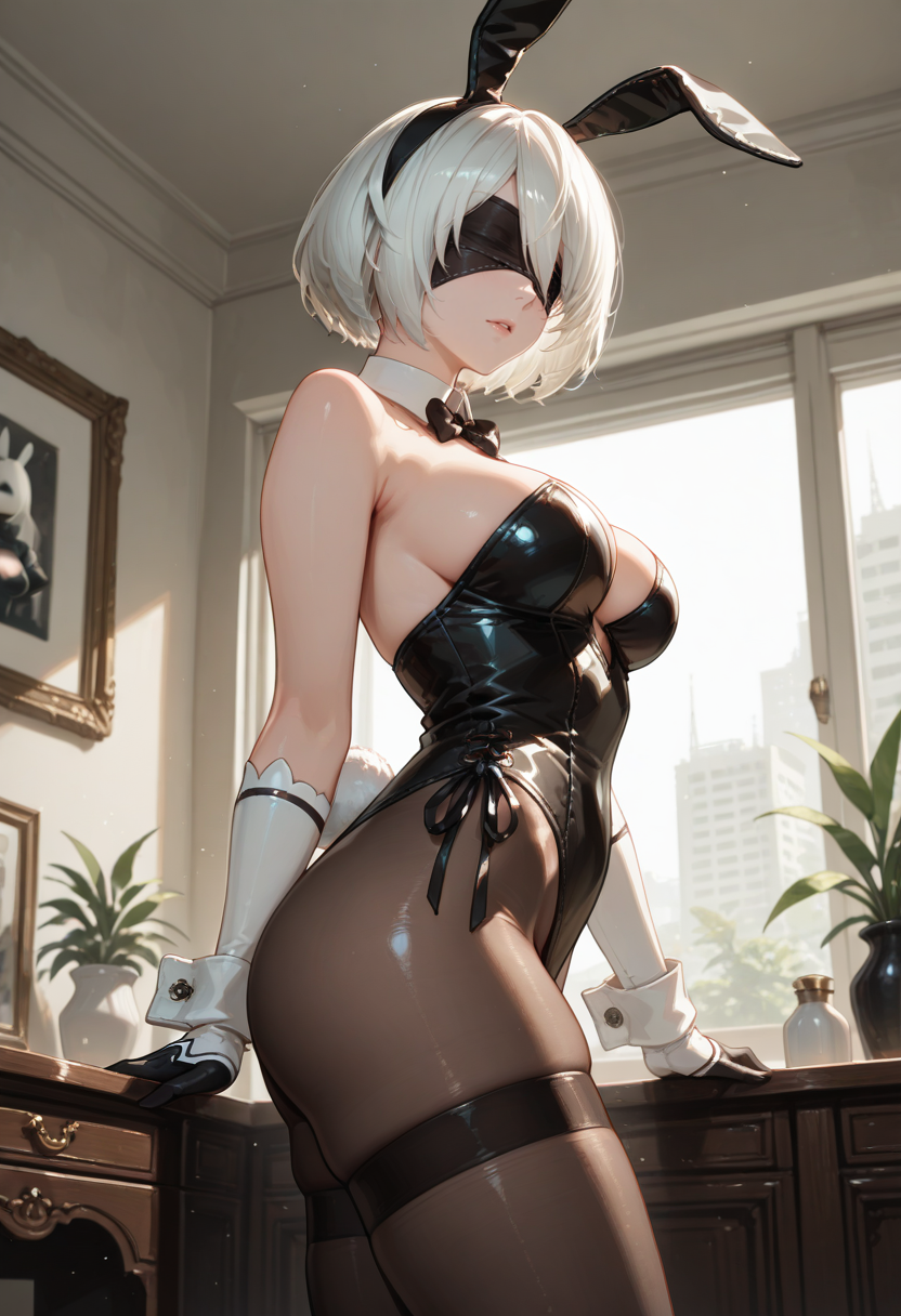 masterpiece, newest, absurdres, best quality, hires, 1girl, 2b \(nier automata\), bunny suit, rabbit ears, fake animal ears, indoors