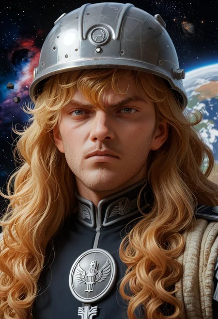 zPDXL3, 1boy , Reinhard, long hair, curly hair, hair bangs, german_helmet, hair sticking out of the helmet, visible face, looking at viewer, Angry, space station background