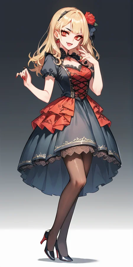 score_9, score_8_up, score_7_up,source_anime, high res image,masterpiece,best quality,(girl:1.0),cute face,clear skin,shiny hair,ultra detailed eyes,simple background, <lora:vampire cos_pony_V1.0:0.7> vampire cos, dress, makeup, high heels, skirt, pantyhose,fangs