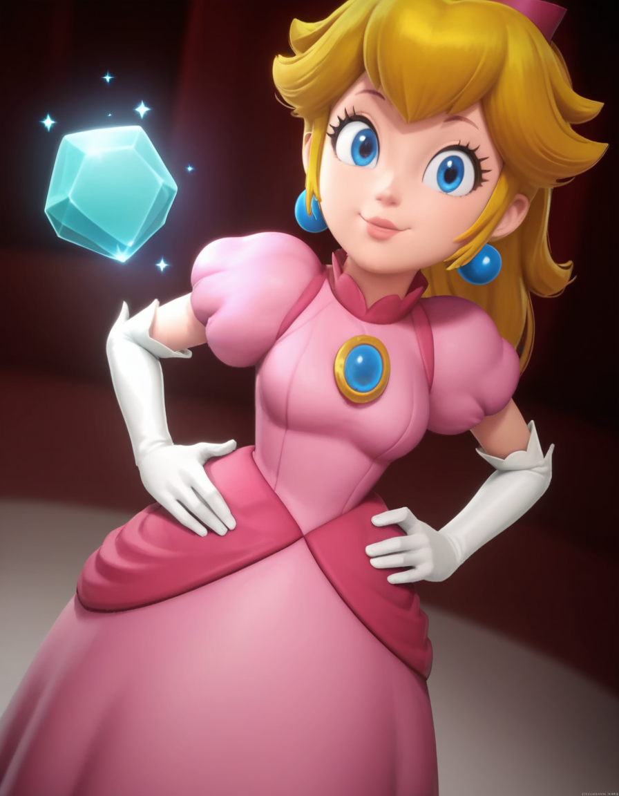 score_9, score_8_up, score_7_up, source_anime, <lora:princess-peach-showtime-ingame-ponyxl-lora-nochekaiser:1>, princess peach, blonde hair, blue eyes, long hair,, crown, dress, gem, gloves, pink dress, puffy short sleeves, puffy sleeves, short sleeves, white gloves,, indoors, smug, smile, looking at viewer, solo, hands on hips,, cowboy shot, dutch angle