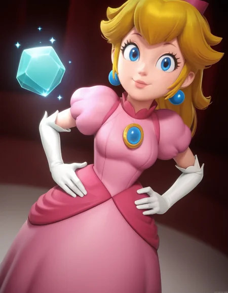 score_9, score_8_up, score_7_up, source_anime, <lora:princess-peach-showtime-ingame-ponyxl-lora-nochekaiser:1>, princess peach, blonde hair, blue eyes, long hair,, crown, dress, gem, gloves, pink dress, puffy short sleeves, puffy sleeves, short sleeves, white gloves,, indoors, smug, smile, looking at viewer, solo, hands on hips,, cowboy shot, dutch angle