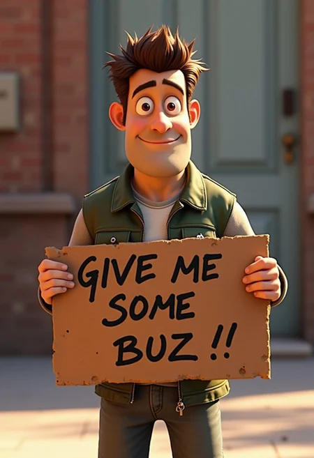 man holding a sign "give me some buzz ",pixar studios