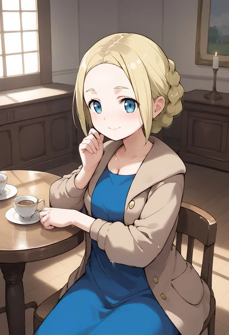 score_9, score_8_up, score_7_up, score_6_up, BREAK source_anime, rating_explicit, best quality, masterpiece,
1girl,forehead,parted bangs,<lora:lady xyPonyXL:0.8>,lady xy,jacket,dress,cowboy shot,sitting,smile,on chair,table,teacup,indoors,castle,from above,dutch angle,holding cup