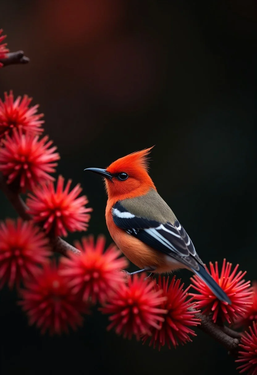 A close-up of a small bird with vivid red feathers on its head and black wings, perched on a branch covered in bright red, spiky flowers. The bird has a slender black beak and fine details in its plumage. The background is softly blurred, creating a smooth dark gradient that emphasizes the bird and the flowers. The scene is vibrant and richly colored, capturing the delicate beauty of nature, sharp details, macro photography, natural lighting