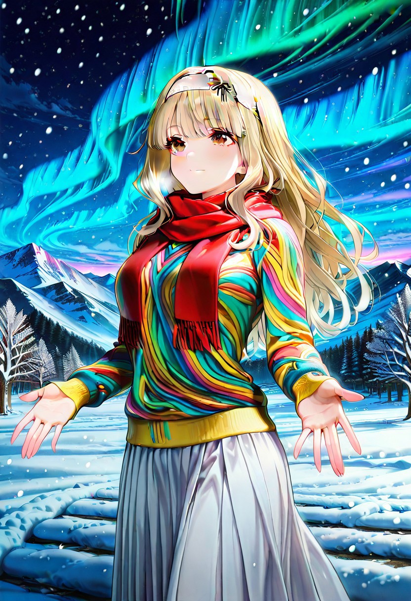 masterpiece, best quality, amazing quality, very aesthetic, absurdres, aurora background, snowing, mad-cable, outdoors, modest, cowboy shot, looking up,
BREAK 
1girl, KijHyou, brown eyes, blonde hair, long hair, white hairband, wavy hair, colorful cable sweater,, beautiful smile, long sleeves, scarf, long skirt, closed mouth, beautiful eyes, open hands,