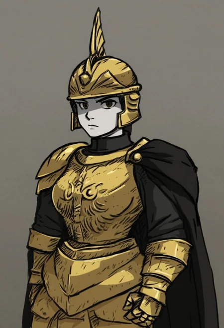 VHTGW,
1girl, upper body, brown eyes, lips, closed mouth, serious, breasts, shoulder armor, pauldrons, medium breasts, black shirt, black cape, armor, helmet, solo, looking at viewer, cape, full armor, winged helmet, shirt, long sleeves, gold armor, gauntlets