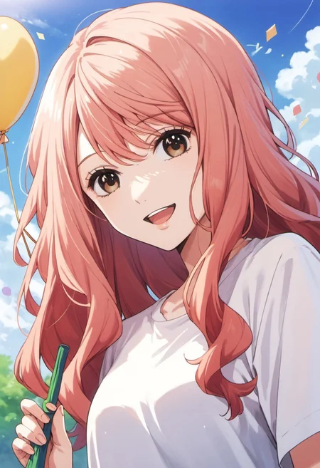 score_9, score_8_up, score_7_up, source_anime, igarashi iroha, light pink hair, long hair, brown eyes, 1girl, solo, smile, open mouth, balloon, looking at viewer, :d, outdoors, holding, sky, shirt