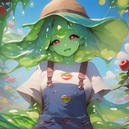 score_9, score_8_up, score_9_up, score_7_up, high quality, masterpiece, highly detailed, solo, (((bright green slime women))), medium breasts, overalls, Slime core, cute pose, happy expression, apple trees, straw hat