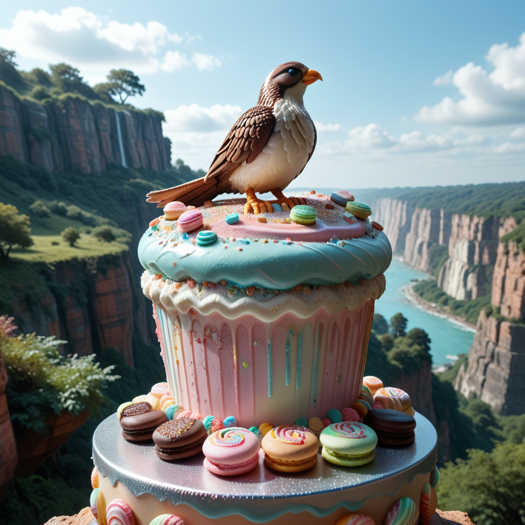 lazyup, peacock, vxc4k3, tail feathers fanned as multicolored macarons, perched on a sugar-crystal cliff, edible glitter plumage, backdrop of glaze-drizzled hills, intricate textures. <lora:vx_cake_pony:1.1000000000000003> <lora:TrendCraft_The_Peoples_Style_Detailer-v2.0A-3_13_2025-PonyXL:0.4000000000000001>