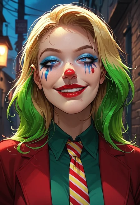score_9, score_8_up, score_7_up, score_6_up, rating_explicit, source_western, Ellie Buckingham, ((Bright Blond hair)), Blond Hair, Blond Bright blue eyes. Very large breasts, torpedo breasts, humongous breasts Western Style Artwork. Bold Lines,
joker \(dc\), (clown makeup, white face, smeared lipstick, red lipstick, facial mark, facepaint, blue makeup, red nose:1.3), upper body, solo, empty eyes, (impossible wide smile, crazy smile), half-closed eyes, staring, green shirt, collared shirt, red blazer, yellow boutonniere, loose necktie, striped necktie, multicolored hair, green hair, eerie atmospher, dark alley, complex background, night,