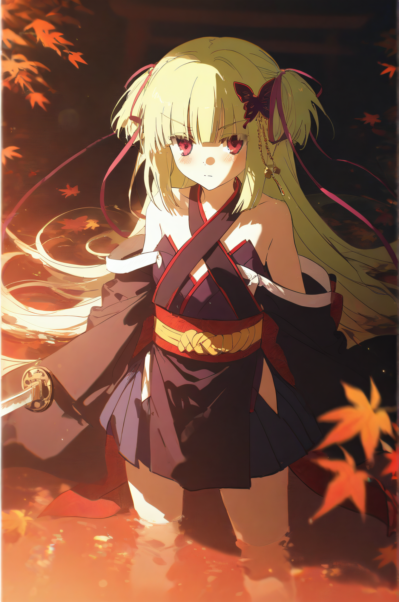 1girl,autumn,autumn leaves,back bow,bare shoulders,black kimono,blunt bangs,blush,bow,butterfly hair ornament,closed mouth,criss-cross halter,day,falling leaves,feet out of frame,green hair,hair ornament,hair ribbon,halterneck,hime cut,holding,holding sword,holding weapon,japanese clothes,katana,kimono,leaf,long hair,long ribbon,long sleeves,looking at viewer,outdoors,purple ribbon,red bow,red eyes,red ribbon,red sash,ribbon,sash,serious,short kimono,sidelighting,sidelocks,solo,standing,straight hair,sword,torii,two side up,very long hair,wading,water,water drop,weapon,murasame \(senren\),senren banka,<lora:CC_train_nb11-xl:1>,light particles,light and shadow,overexposure,contour deepening,lens flare,depth of field,(very vibrant colors:0.8),very high contrast,sketch,vivid colors,(saturated:1),colorful,very high colorfulness,deep blue hues,submerged,pressure,cold atmosphere,dark atmosphere,rella,konya karasue,view finder,scratch art,color tracing,masterpiece,best quality,amazing quality,very aesthetic,absurdres,newest,