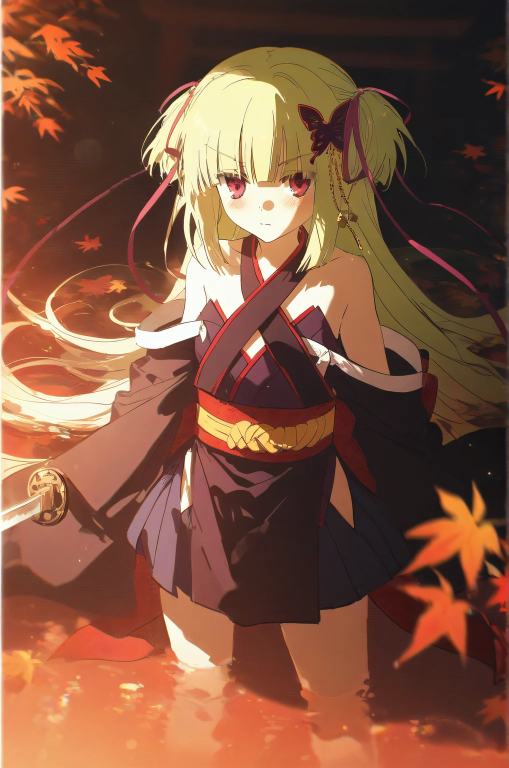 1girl,autumn,autumn leaves,back bow,bare shoulders,black kimono,blunt bangs,blush,bow,butterfly hair ornament,closed mouth,criss-cross halter,day,falling leaves,feet out of frame,green hair,hair ornament,hair ribbon,halterneck,hime cut,holding,holding sword,holding weapon,japanese clothes,katana,kimono,leaf,long hair,long ribbon,long sleeves,looking at viewer,outdoors,purple ribbon,red bow,red eyes,red ribbon,red sash,ribbon,sash,serious,short kimono,sidelighting,sidelocks,solo,standing,straight hair,sword,torii,two side up,very long hair,wading,water,water drop,weapon,murasame \(senren\),senren banka,<lora:CC_train_nb11-xl:1>,light particles,light and shadow,overexposure,contour deepening,lens flare,depth of field,(very vibrant colors:0.8),very high contrast,sketch,vivid colors,(saturated:1),colorful,very high colorfulness,deep blue hues,submerged,pressure,cold atmosphere,dark atmosphere,rella,konya karasue,view finder,scratch art,color tracing,masterpiece,best quality,amazing quality,very aesthetic,absurdres,newest,