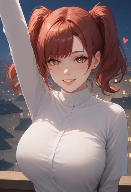 score_9, score_8_up, score_7_up, <laura:expressive_n: 1>, expressive_n, detailed eyes, beautiful, detailed background, perfect eyes,, expressive, 1 girl, visual novel character, sexy 20 year old girl, solo, <lоra: ikarus-chan_close:0,7>, short hair, red hair, two ponytails, shoulder-length ponytails, brown eyes, big breasts, heart pupils, standing split, lick lips, night city roof of building, smiling, night, full moon, smiling, breath cloud, in heat, perfect hand, Oiled Skin, masterpiece, realistic hands, beauty hand, best quality, beauty face, ultra-detailed, illustration, detailed light, an extremely delicate and beautiful, Dynamic motion, Highly detailed, End product, Best quality, Official art