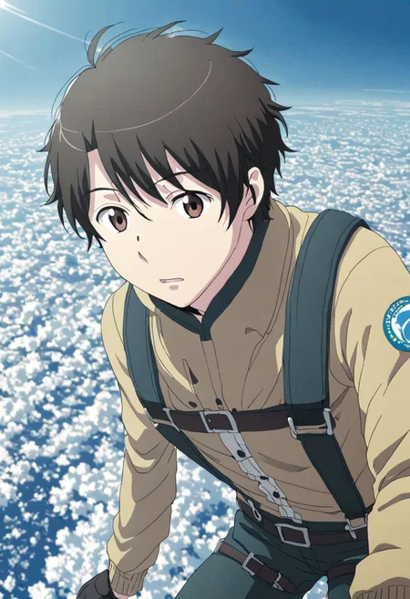 high resolution, solo, best quality, 1Boy, Inaho Kaizuka, Black Hair, Brown Eyes, free fall, sky , OverallDetail