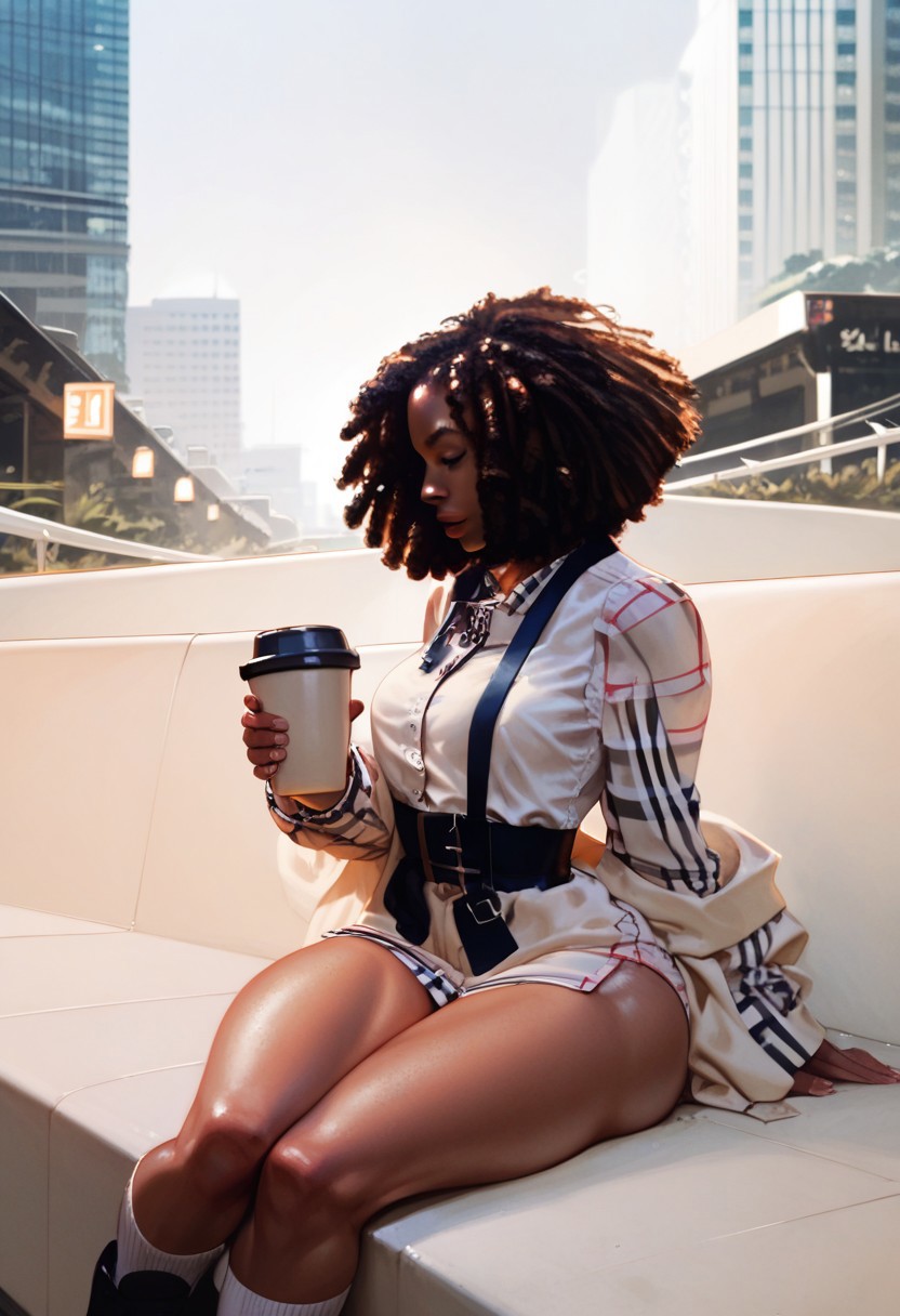 score_9, score_8_up, score_7_up, score_6_up, (solo, 1girl) ) arched back, afro, Burberry_fit,  perfect perky breasts, waistcoat, burberry shirt, thick thighs, wide hips, huge ass, in city, crowded, at night, holding coffee, sitting,