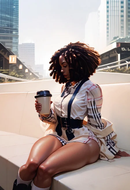score_9, score_8_up, score_7_up, score_6_up, (solo, 1girl) ) arched back, afro, Burberry_fit,  perfect perky breasts, waistcoat, burberry shirt, thick thighs, wide hips, huge ass, in city, crowded, at night, holding coffee, sitting,