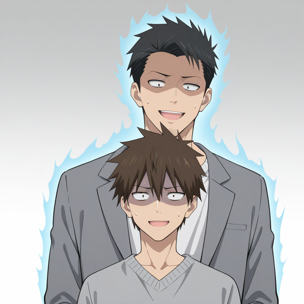 masterpiece,best quality,amazing quality,2boys,multiple boys,sanpaku BREAK fujio uzaki,sweater,grey sweater,aura,male focus BREAK (sakurai shin'ichi:0.5),smile,gray overcoat,open mouth,(turn pale:0.5),shaded face,sweat,upper body,gradient background,sweatdrop,<lora:SakuraiShinichi_V2_noob-000010:1>,