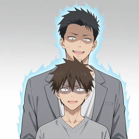 masterpiece,best quality,amazing quality,2boys,multiple boys,sanpaku BREAK fujio uzaki,sweater,grey sweater,aura,male focus BREAK (sakurai shin'ichi:0.5),smile,gray overcoat,open mouth,(turn pale:0.5),shaded face,sweat,upper body,gradient background,sweatdrop,<lora:SakuraiShinichi_V2_noob-000010:1>,