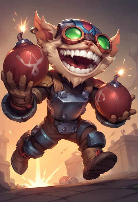,score_9, score_8_up, score_7_up, score_6_up,z1ggs, 1boy, male focus, yordle, teeth, grin, open mouth, explosive, holding bomb, bomb, grenade ,armor, goggles, helmet, gloves, brown gloves, <lora:Ziggs_Default_v1:0.9>