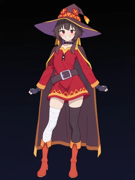 perfect quality,high quality,masterpiece,best quality,amazing quality,very aesthetic,absurdres,newest,
front view,full_shot,Teasing grin,
meguminCYQL,1girl,solo,brown hair,short hair,bangs,short hair with long locks,red eyes,collar,choker,dress,red dress,long sleeves,gloves,black gloves,fingerless gloves,belt,thighhighs,black thighhighs,bandages,bandaged leg,asymmetrical legwear,boots,
full body,standing,arm_behind_head,,
cornflowerblue background,simple background,
black background,flat color,<lora:NoctFlatStyleIllustrious:1>,,<lora:Megumin_Illustrious by Cyql:1>,