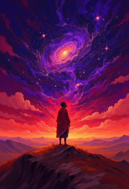 In this captivating African mysticism-themed artwork, the enigmatic fusion of Earth and sky is brought to life with a mesmerizing blend of reality and dreamlike elements. The striking figure of a Masai warrior stands tall atop a serene hill, his vibrant red clothing harmoniously intertwined with the crimson glow of the sunset transforming into an inky night sky above. The Masai warrior's strong stance radiates a sense of belonging to and reverence for the land, underscoring his intimate connection with nature. As the deep purples and indigos of the nightfall steadily engulf the fiery hues of sunset, hauntingly melodic drumbeats reverberate in perfect harmony with celestial music. The Masai warrior turns his piercing gaze towards the galaxy above, his expression awestruck and filled with wonder as he contemplates the cosmic secrets concealed within the starry expanse. The artist skillfully balances the vivid colors of the horizon with the enchanting expanse of the vast landscape, creating an otherworldly charm that pulls viewers into the enchanting world depicted in the artwork. ,<lora:FLUX-daubrez-DB4RZ.safetensors:1.0> ,