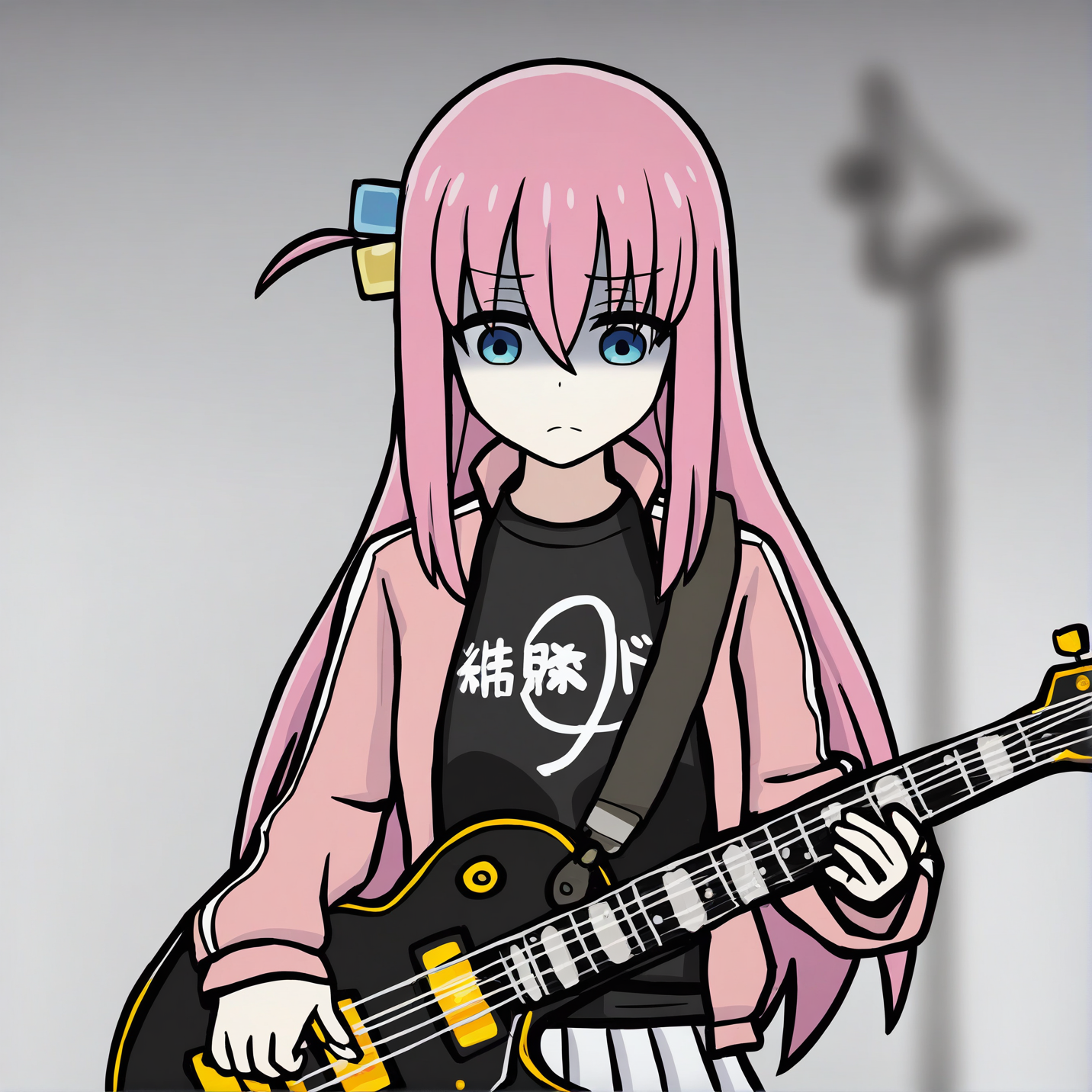 1girl,gotoh hitori,
cube hair ornament,electric guitar,frown,gibson les paul,grey background,guitar,hair ornament,holding,holding instrument,instrument,jacket,long hair,looking down,one side up,pink hair,pink jacket,simple background,solo,track jacket,upper body,beautiful color,shaded face,glint,black shirt,blurry foreground,eyelashes,depth of field,skirt,bass guitar,blurry background,closed mouth,shirt,blurry,open clothes,blue eyes,holding guitar,open jacket,fender precision bass,breasts,medium breasts,hair between eyes,white skirt,pleated skirt,amazing quality \(style\),tsurime,sidelocks,very long hair,long sleeve cuff,
(masterpiece, best quality, very aesthetic),absurdres,aesthetic,detailed,beautiful color,amazing quality,
<lora:RUSTYLAKE-noob10-v1-000045>,masterpiece,best quality,amazing quality,very aesthetic,highres,absurdres,