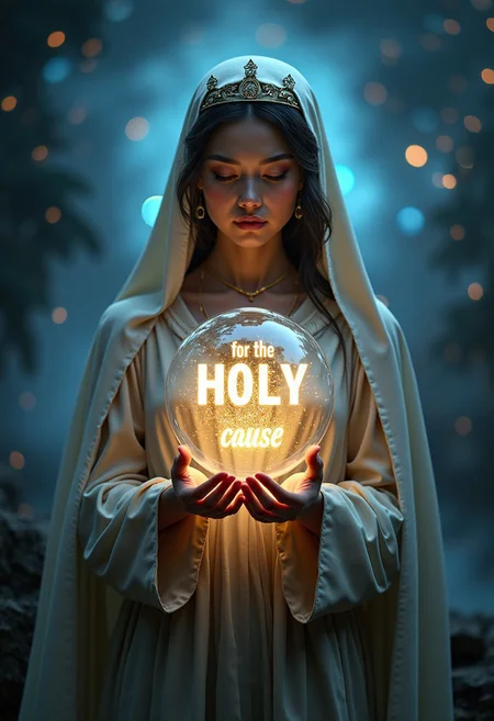 Portrait of holy goddess in a cosmic and extremely expensive environment holding a hologram mechanism, (glowing floating letters that form a phrase: 'Give Buzz for the HOLY cause')