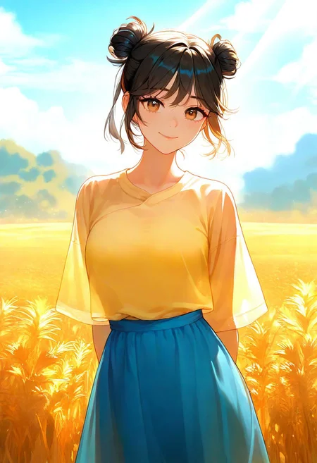 masterpiece, best quality, Good quality, very aesthetic, absurdres, newest,1girl, hanfu, autumn, black hair, blue skirt, brown eyes, chinese clothes,see-through, cloud, cloudy sky, cowboy shot, day, double bun, hair bun, hanfu, jiaoling ruqun, light rays, looking at viewer, outdoors, shirt, sky, smile, solo, wheat, wheat field, yellow shirt, Bright And Sunny Lighting <lora:ponyv4_noob1_2_adamW-000017:0.7> <lora:MeMaXL4:0.6> <lora:748cmSDXL:0.8> <lora:GBF_Illustrious:0.6>