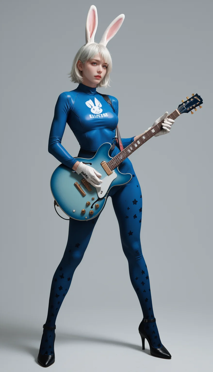 1girl, blue bodysuit,skin tight,bunny print,gloves, high heels, full body, stand, white hair, score_9, score_8_up, score_7_up, simple background, 
playing electric guitar, f-hole electric guitar,  <lora:es335-pony-000005:0.75>