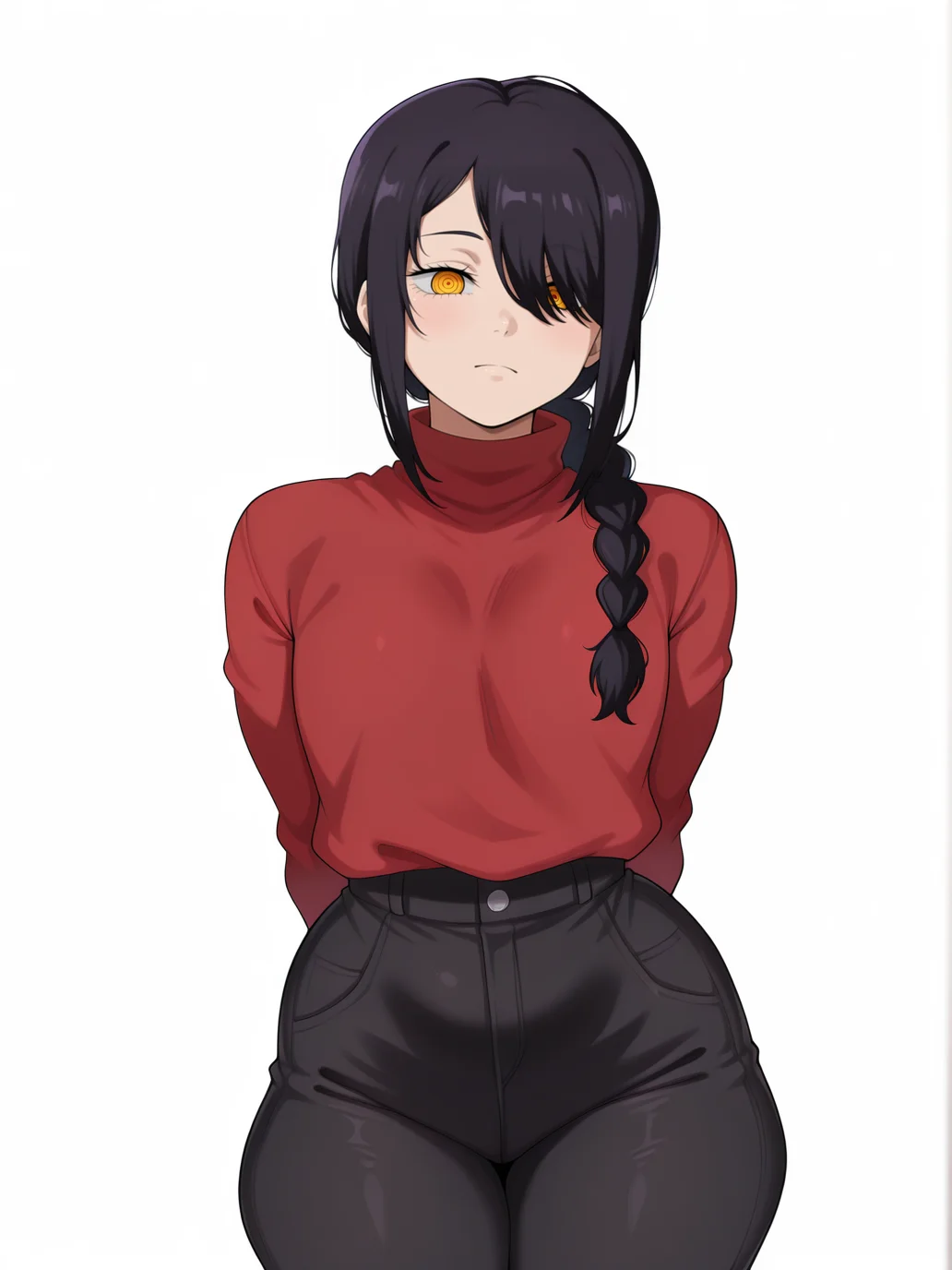 (masterpiece, amazing quality, best quality), <lora:blackwhiplash(bwl)-guy90-Illust-Lycorisv1:1>, blaash, <lora:stuffy_ai_style_illustrious_goofy:0.8>,
<lora:Nayuta:1>, nayuta \(chainsaw man\), 1girl, solo, black hair, single braid, medium hair,
hair over one eye, ringed eyes, yellow eyes, looking at viewer,
red sweater, turtleneck, long sleeves, black pants, 
hands behind back, 
(simple background, white background:1.1),
standing, cowboy shot, mature, mature female, pose, dynamic pose, solo focus,
