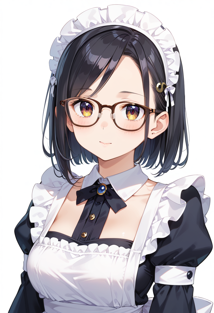 score_9, score_8_up, score_7_up, rating_safe, masterpiece, best quality, absurdres, unity 8k wallpaper, official art, official style, source_anime, uncensored, game cg, megami magazine,
1girl, solo, black hair, medium hair, upper body, covered eyes,maid, maid headdress, black dress, maid apron, face focus,
Wellington24S, glasses, white background, simple background, brown-framed eyewear
 <lora:glasses_Wellington24S_PONY_V1:1>