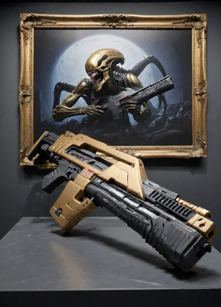 a golden frame with a m41apls rifle on display in a museaum with a picture of a dead alien xenomorph beside it
<lora:Alice_Wetterlund-000010:1> <lora:Armat_M41A_Pulse_Rifle_-_Aliens_SDXL:1>