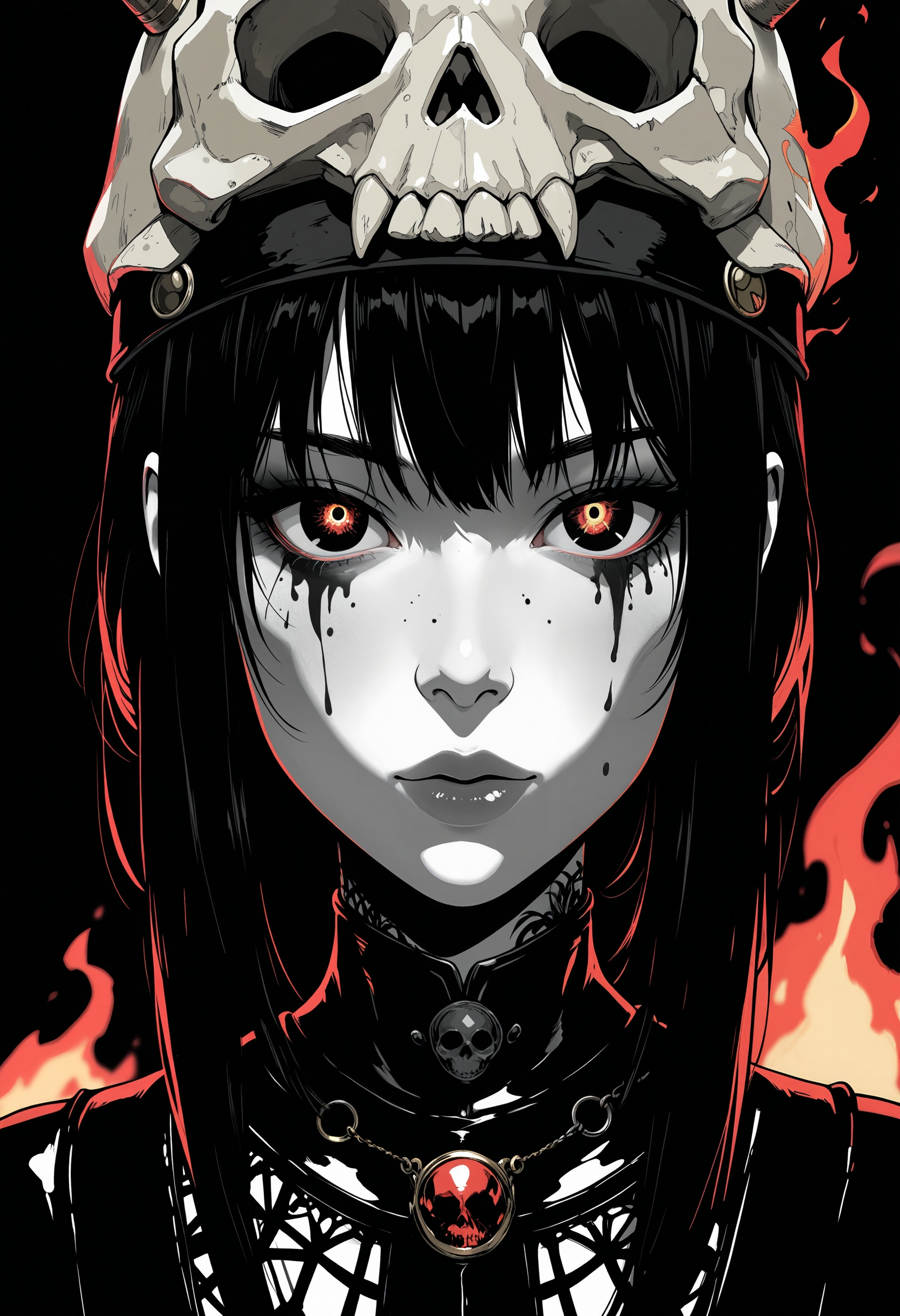 masterpiece, best quality, good quality, very aesthetic, absurdres, newest, 8K, depth of field, focused subject, 
in the style of ckgr,
anime, monochrome ink and crayon art with spot colour BREAK portrait of beautiful oriental 1girl shaman, long black hair, skull-themed helmet, black and white face paint in a skull fashion, burning bright eyes, chiascuro, looming out of a black background, high contrast, erotic, sexy masterpiece,