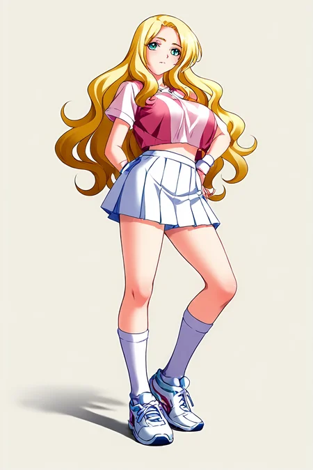 score_9, score_8_up, score_7_up,source_anime,standing, full body, zPDXL3,  <lora:Honjou_Yuzuki:.8>HonjouYuzuki, 1girl,  long hair, blonde hair, large breasts,
shoes, socks, kneehighs,wristband, sneakers, pink sportswear,white skirt,
